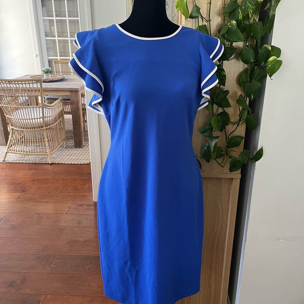 Blue Ruffle Sleeve Sheath Dress